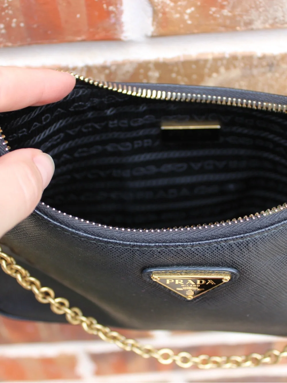 Prada Black Saffiano Leather Shoulder Bag with Gold Chain